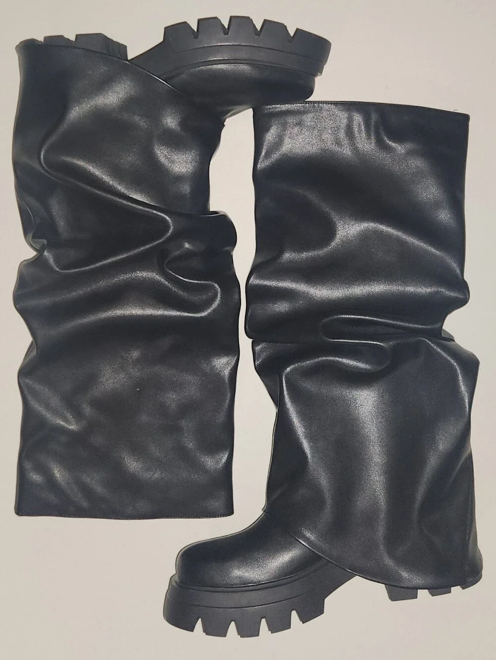 Black Slouchy Knee-High Platform Boots Faux Leather Size 41 EU/ 9.5 - 10 US